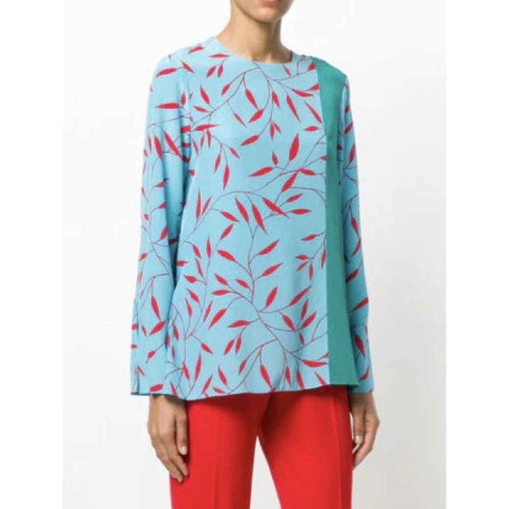 DIANE von FURSTENBERG Side Slit Blouse 100% Silk Size 12 Shelton Marine Jade